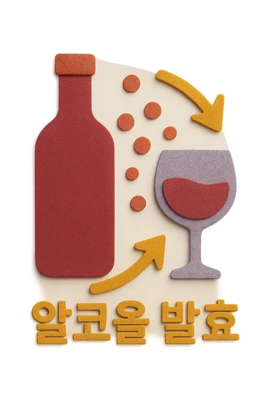 Add the Korean text '알코올 발효' at the bottom of the icon in paper craft style with no background. sticker