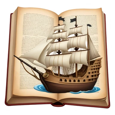 Collage for Reading Fiction: Cola large open book with pages turning into a sailing ship, with musketeers on horseback, and Sherlock Holmes with a magnifying glass standing nearby. The icon should evoke the adventure and romance of exploring fictional worlds. Transparent background sticker