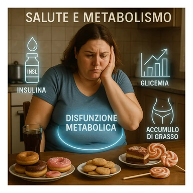 realistic surreal symbolism; 38-year-old woman, slightly overweight, sitting tired at kitchen table with sugary foods; frustrated expression; blue halo around abdomen (metabolic dysfunction); transparent icons: high insulin, rising blood sugar (graph with upward arrows), fat accumulation on abdomen and hips; writings in Italian sticker