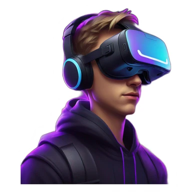 Russian young man wearing a black hoodie with "OMG" letters on it and VR headset in a cyberpunk VR environment with violet neon lighting. sticker
