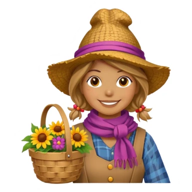 Scarecrow, Smiling face, colorful scarf, flower hat, holding a small basket. sticker