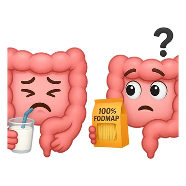 emoji stile iphone di un intestino che beve latte e ha un espressione di dolore e un intestino che guarda un pacco di pasta con la scritta "100% FODMAP" SULL'ETICHETTA CON ESPRESSIONE CONFUSA, iperrealistico 4k, isolato su sfondo bianco sticker