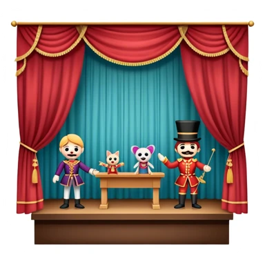 Icon for Puppet Theater: a puppet stage with curtains and marionettes performing on stage. The icon should represent the charm and artistry of puppet theater, with focus on the puppet and the stage setting. Transparent background. sticker