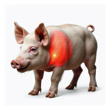 Realistic pig on isolated white background, thyroid area on neck highlighted in red, clear anatomical details, hyperrealism, 4K quality, side view sticker