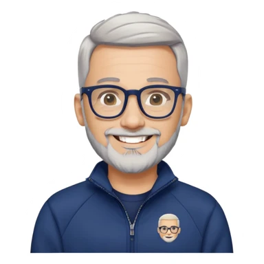 Light-skinned man with tight fade haircut (nearly shaved sides fading to very short on top), short graying beard, big black glasses frames, happy smile, navy blue zip-up sweatshirt with long sleeves sticker