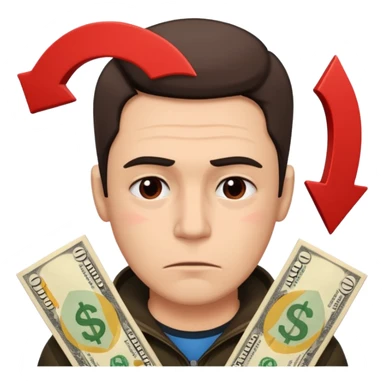 a man with money bills and a red down arrow next to him sticker