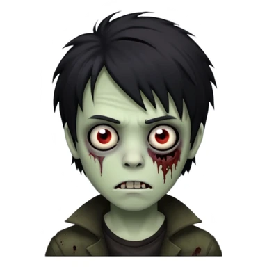 boy zombie with black, medium-long, shaggy emo hair, dark and spooky, creepy expression sticker