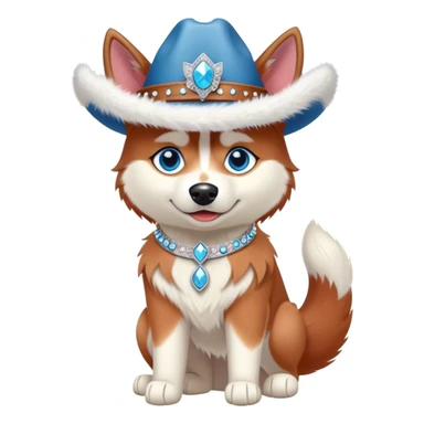 cute, disney-style red siberian husky with blue eyes wearing a bedazzled cowgirl hat, full body view sticker