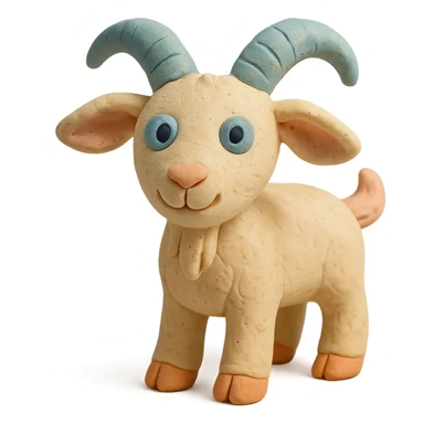 playful goat with curved horns, soft pastel colors, hand-molded details, claymation style sticker