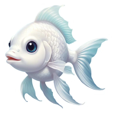 Cinematic Cute White Goldfish Portrait Emoji, Head tilted playfully and inquisitively, featuring a glossy, pure white body with delicate, shimmering scales and round, sparkling pale eyes filled with curiosity, Simplified yet irresistibly adorable features, highly detailed, glowing with a warm, friendly glow, high shine, affectionate and lively, stylized with a touch of whimsy, bright and endearing, soft glowing outline, capturing the essence of a mischievous yet loving goldfish, so playful it feels like it could swim out of the screen and into your heart! sticker