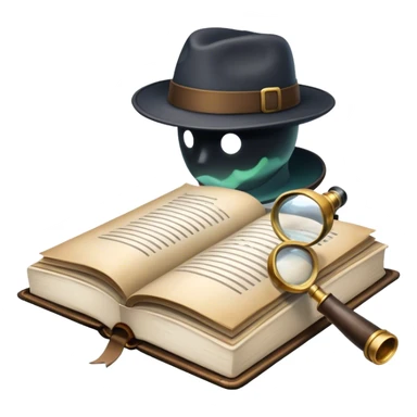 Icon for Detective Reading: an open book with a magnifying glass, a detective’s hat, and a notebook with clues, surrounded by dark shadows and mysterious elements like footprints and a smoking pipe. Transparent background. sticker