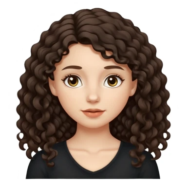 Aesthetic white girl with long curly hair color dark brown (almost black, but more brownish), hair most be in front of the shoulders. Big almond shape eyes color brown, small wide nose, natural lips, sweet expression. Dressed with a cute tight top color black. sticker