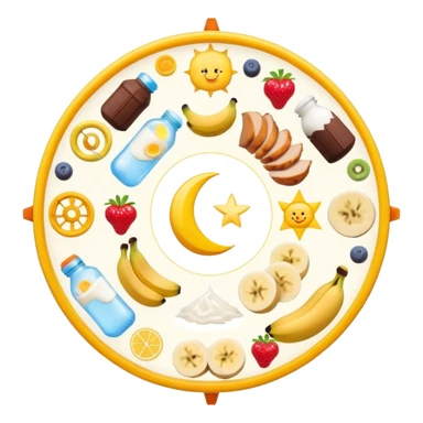 Magical daily routine wheel: water bottle, sun, chicken and rice, banana and shake, dumbbell, yogurt, chocolate and fruits, and moon symbol arranged in a wheel pattern with glowing connections between each element sticker