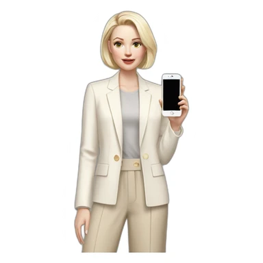 pale skin woman with ash blonde Straightened bob Hair, White Spacious classical jacket, beige palazzo Arrow pants and gray blouse holding white IPhone 14 pro in the hands sticker