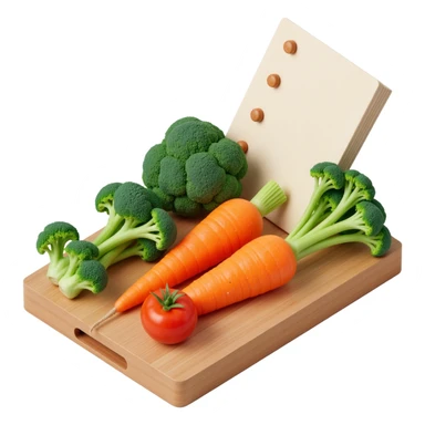 carrot tomato brocoli on the wooden cutting board with floating list  sticker