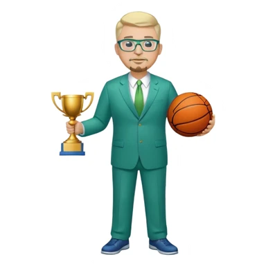 Full Body white fat male  wearing glasses with a goatee with light blonde gray very short hair basketball head Coach in blue and green suit holding trophy sticker