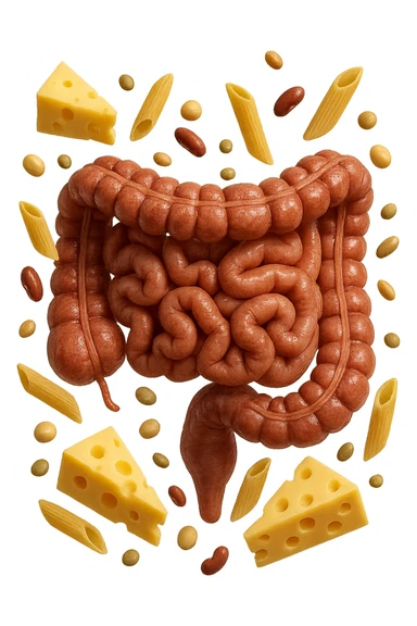 PEZZETTI DI EMMENTAL, PENNE DI PASTA RIGATE E LEGUMI FLUTTUANO INTORNO AD UN INTESTINO UMANO ANATOMICO REALISTICO, iperrealistico 4k sticker