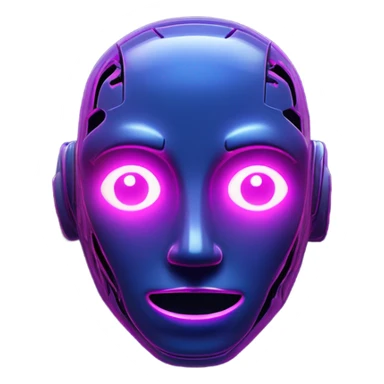 A glossy robot face icon subtly pressed into a midnight-blue panel, lit by neon pink and purple rim lights that cast gentle neumorphic shadows. sticker