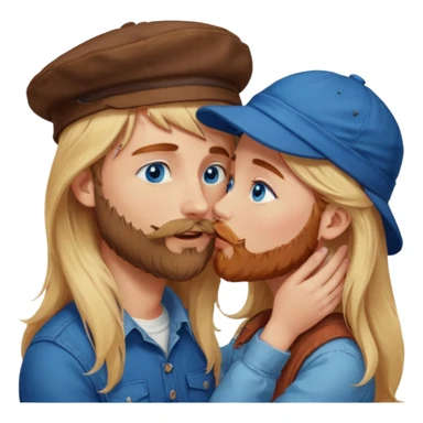 Pretty, long blonde hair blue eyed girl facing a reddish brownish hair-wearing a hat and scruffy beard, blue eyed, white male whose holding her face kissing  sticker