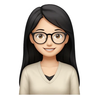 medium tan asian woman with long black hair past middle of back, round brown eyes, white v neck blouse. she has black thick frame rectangle shape glasses on and smiling with no teeth sticker