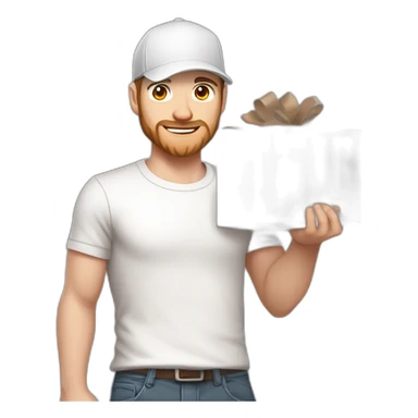 Pale skinned fit Man with dark brown hair in a light gray cap, dark brown jeans, brown polo and white T-shirt keeping a pasted with tape white box into his hands sticker
