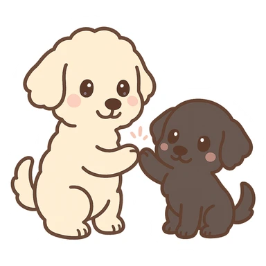 large light cream colored goldendoodle and small black golden retriever, chibi style, giving each other a high five sticker