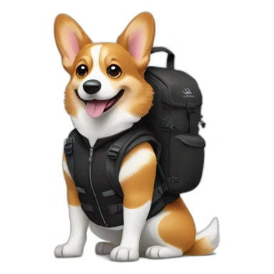 Corgi wearing an arcteryx black jacket with an opsrey backpack and blundstonez sticker