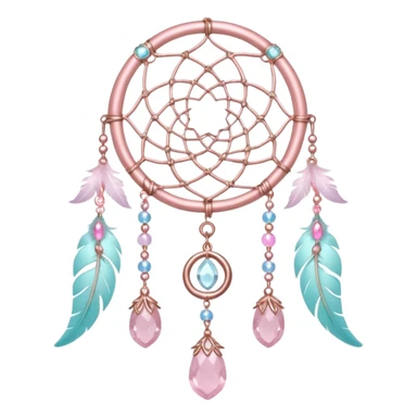 Rosy shiny glossy sparkly romantic pastel crescent damask moon with rose quartz pastel vines pastel gems pastel beads with feathers and chains  suncatcher-dreamcatcher sticker