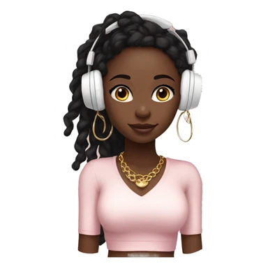 African girl. Black long twists. Wearing white headphones. Listening to music. Wearing a light pink v neck top. Gold Jewelry. Makeup. Blush. sticker
