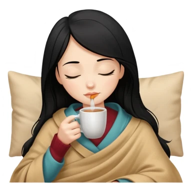 black hair girl long hair inside a beige blanket sipping coffee eyes closed sticker
