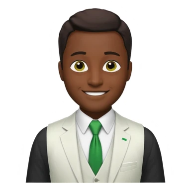 businessman, black skin, brown eyes, white suit vest, green tie sticker