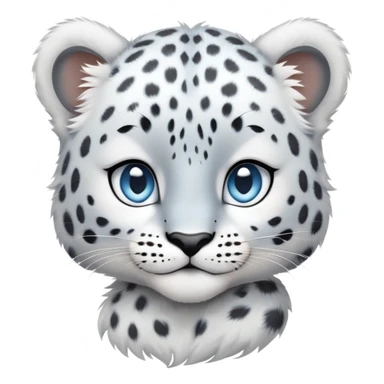 Cinematic-Noble-Snow-baby Leopard-Portrait-Emoji – Poised and majestic, with a muscular, agile build and a beautifully patterned coat of soft white and grey fur, marked with striking, deep-set, intelligent icy blue eyes, simplified yet sharp and sophisticated zoomed out showing the shoulders sticker