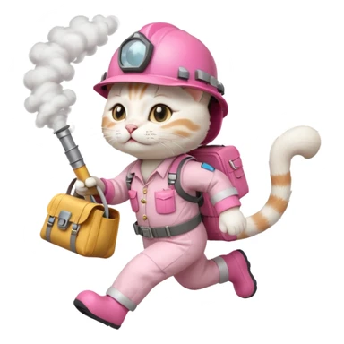 A cute white and pink cat dressed as engineer with a helmet running fast with smoke under her feets carrying her cute  bag sticker