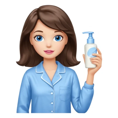 Barbie girl with makeup, blue eyes , and bob long haircut wavy, short brown hair in creamy color pajamas, face cream in hand sticker