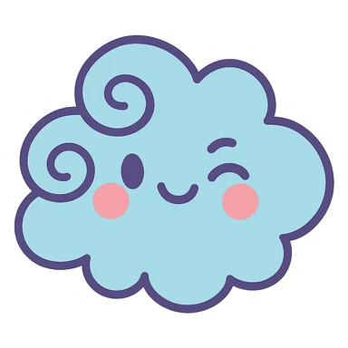 cute light blue cloud, soft swirls, winking face, soft pastel palette, no arms or legs, full body, soft pastel kawaii style sticker