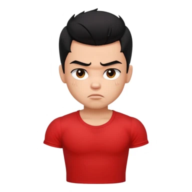 a pretty bratz boy with black hair and a red tshirt, big biceps looking sad sticker