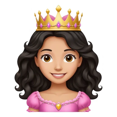 Very tanned princess, with long black wavy hair and a crown, a pink princess Outfit. In love sticker