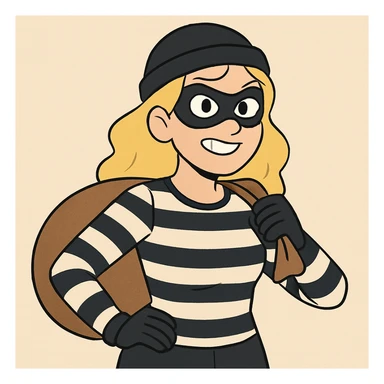 blonde woman dressed as a robber, wearing a black mask and striped shirt, cartoon style sticker