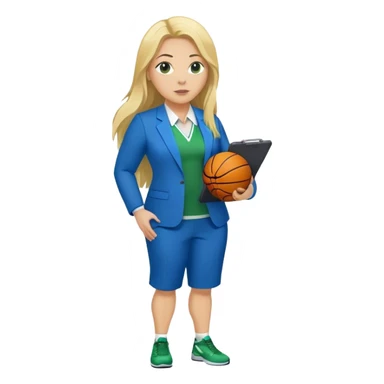 Full Body white plus size female basketball head coach using a clipboard with long blonde hair in a blue and green suit sticker