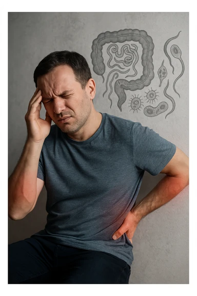 uomo che ignora i suoi un mal di testa, mal di schiena e dolore articolare e ignora ogni segnale e messaggio che il corpo manda per avvertirlo, ma alla fine dipendono tutto dai parassiti intestinali realistica sticker