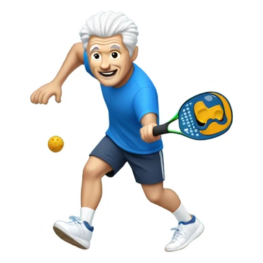 White middle aged man with salt and pepper hair with blue shorts and t shirt and white shoes playing pickleball  sticker