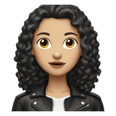 White girl, with long curly black hair, wearing leather jacket sticker
