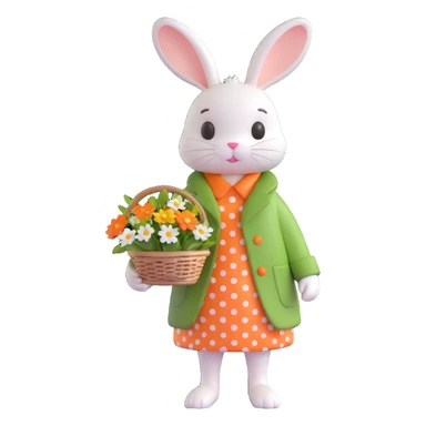 cute bunny wearing green coat and orange polka-dot dress holding bouquet of flowers and basket with egg sticker