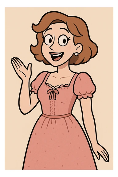 cartoon version of a woman with white skin, short wavy light brown hair, light makeup, wearing a pink dress with beautiful, delicate details, cheerful and charming sticker