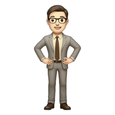 Full height Actively Gesturing Pale skinned fit man with dark brown hair in gray jacket, beige office shirt, brown tie, brown pants and vintage glasses. sticker