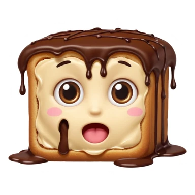 Rectangular chocolate mini pastry, slightly messy and squished, chocolate dripping, big round eyes, wide open mouth, playful surprised expression, text above: "ПАСТИЧКА", chibi style, Twitch emoji style, transparent background, colorful

 sticker