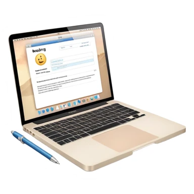 MacBook with booking app open beside vintage paper notebook and pen sticker