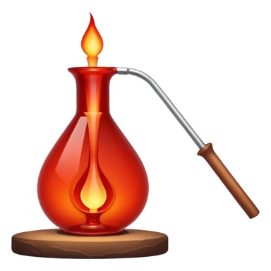 Glassblowing and casting icon, molten glass being shaped into a delicate object with a blowpipe, glowing red-hot glass being poured into a mold, unfinished glass sculpture, minimalistic style, clean lines, transparent background. sticker