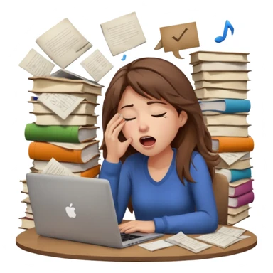 female tired blogger with a laptop, yawning, messy hair, stacks of notes, dim lighting sticker