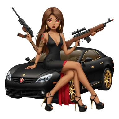 Lilith tan skin female red eyes symbol. Tattoo arms. Her hair is brown straight long hair.wearing sexy long sexy dress with slit. black stiletto thick platform high heels shoes on. Sitting on gold giant luxury car with cash inside . She is holding a sniper rifle in one hand cash in other hand sticker